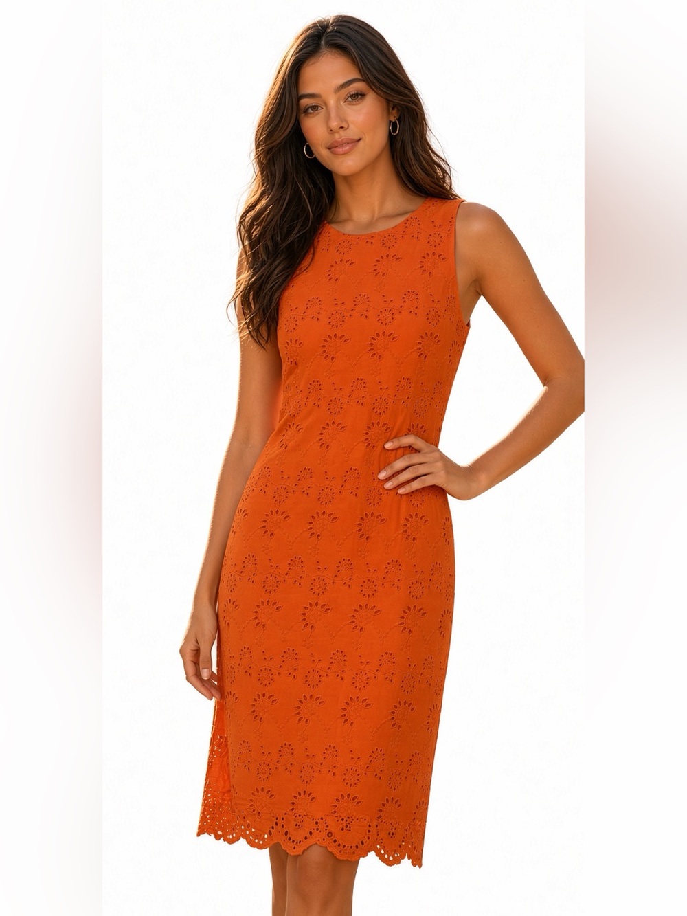 London Times Orange Eyelet Midi Sheath Dress